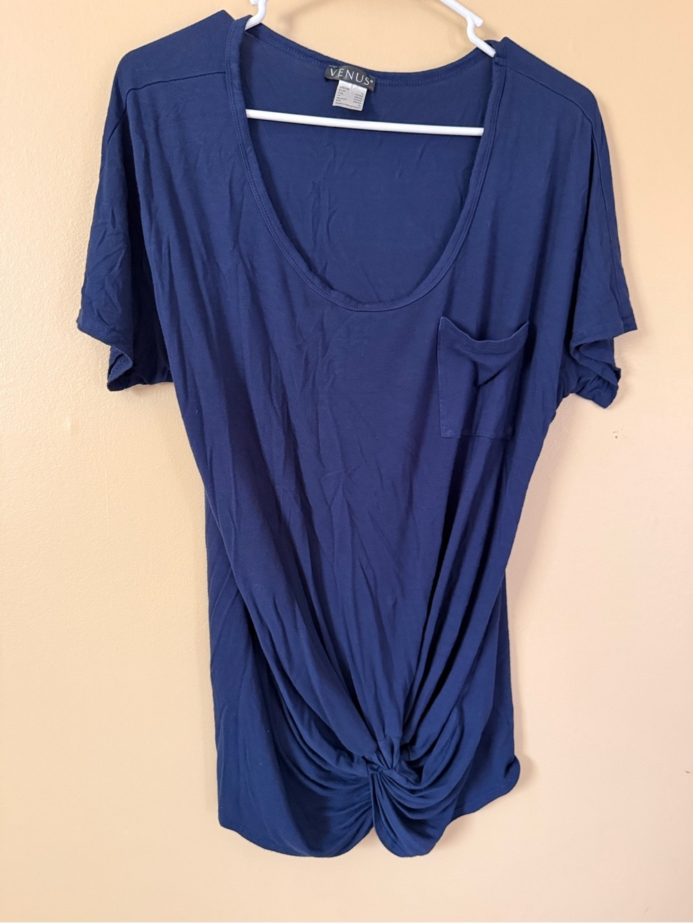 Venus Navy Blue Knot Front T-Shirt Size L Scoop Neck Pocket